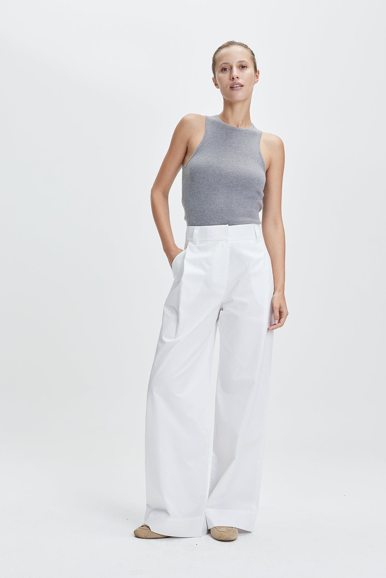 Cotton Pleat Trousers White
