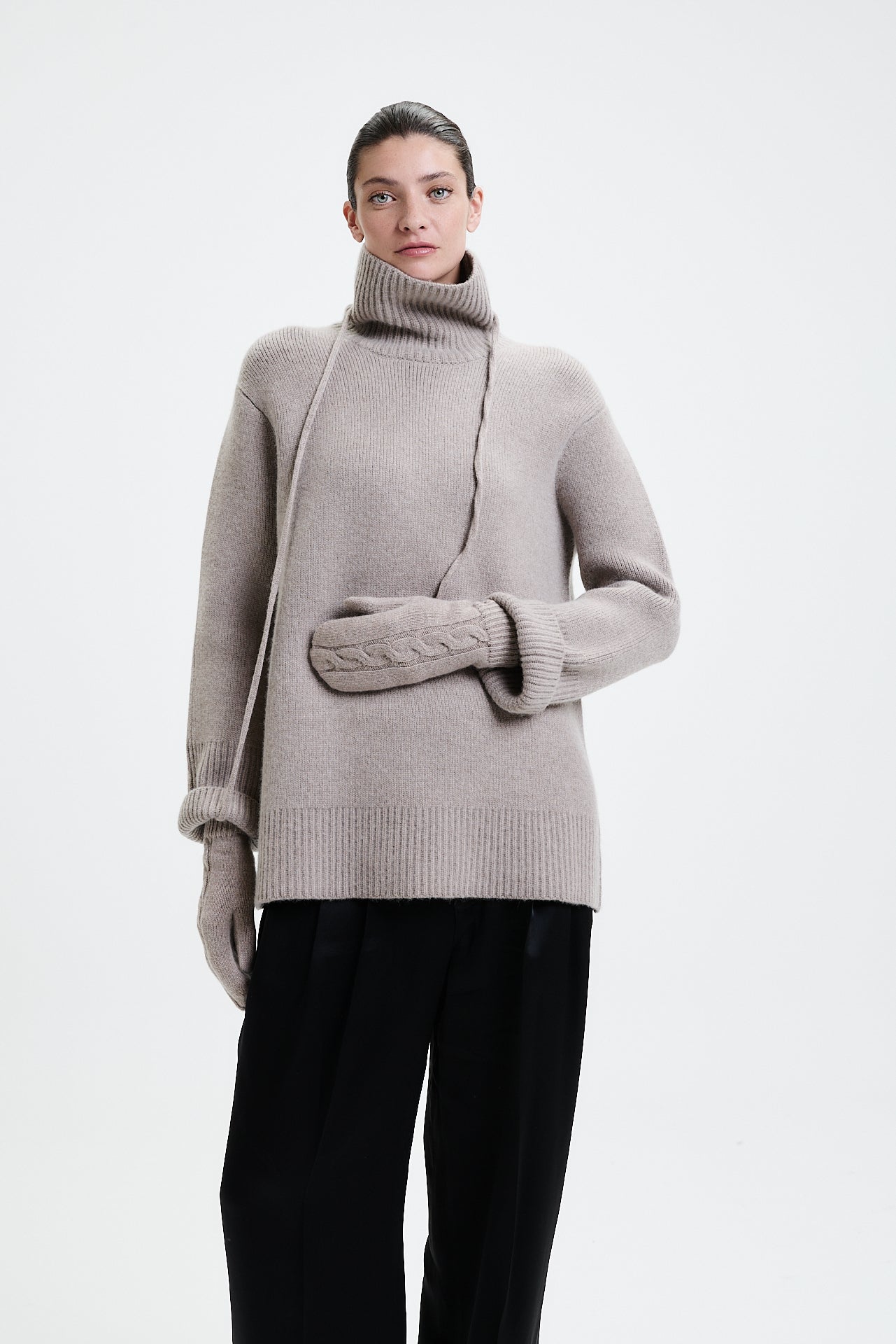 Cashmere Mittens Cable Knit Taupe