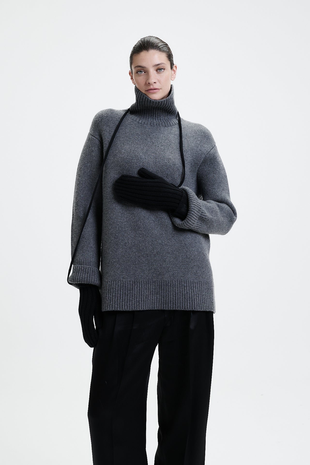 Cashmere Mittens Rib Knit Black