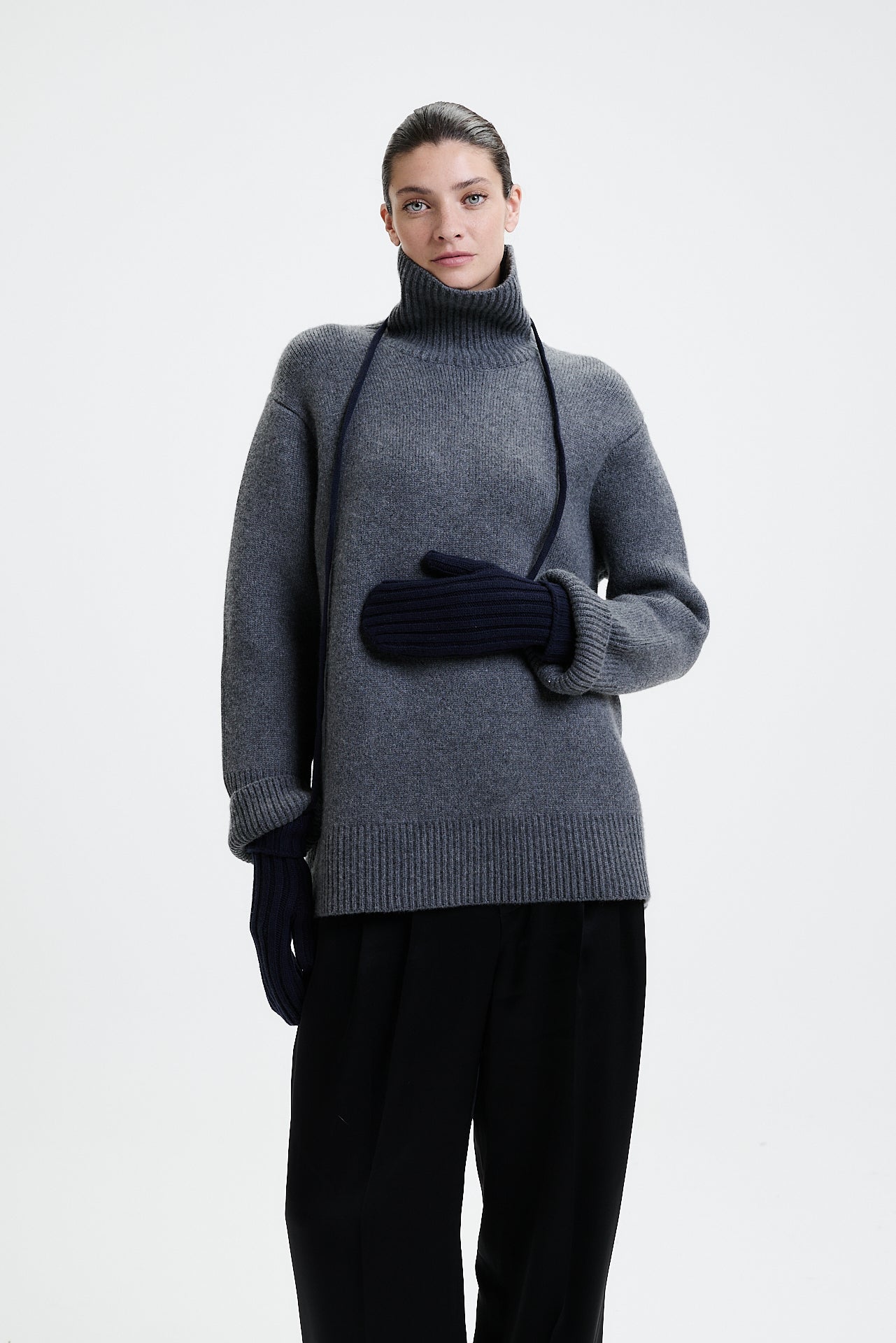Cashmere Mittens Rib Knit Dark Blue
