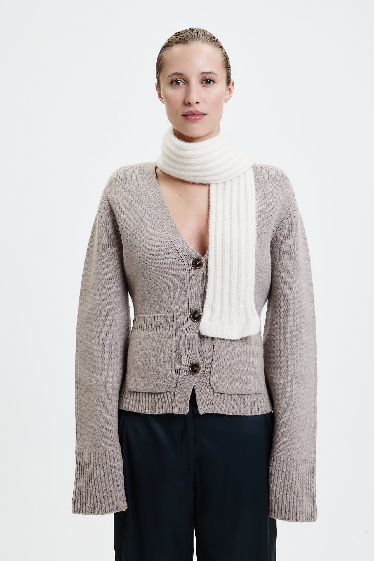 Cashmere Short Scarf Hand Knit White