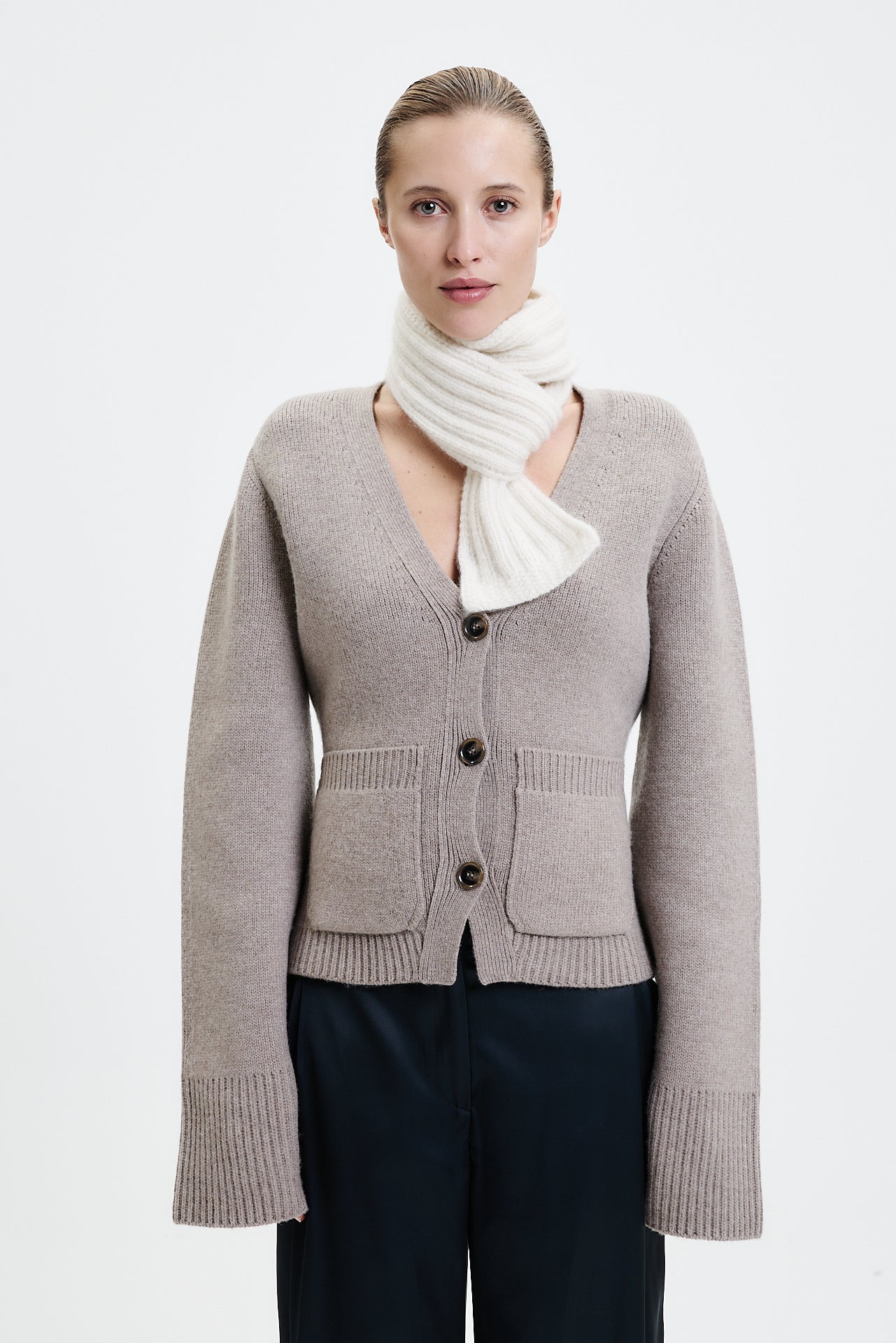Cashmere Short Scarf Hand Knit White