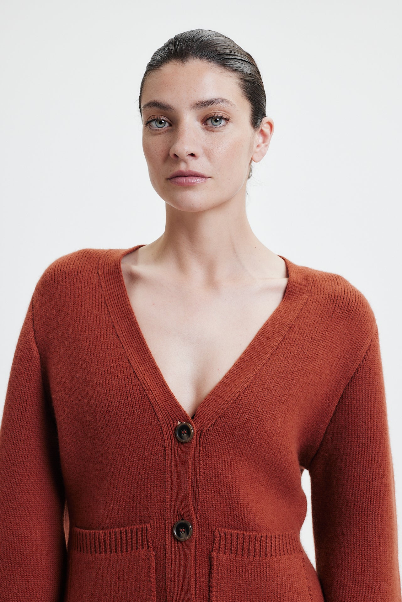 V-Neck Cardigan Chunky Knit Burnt Orange