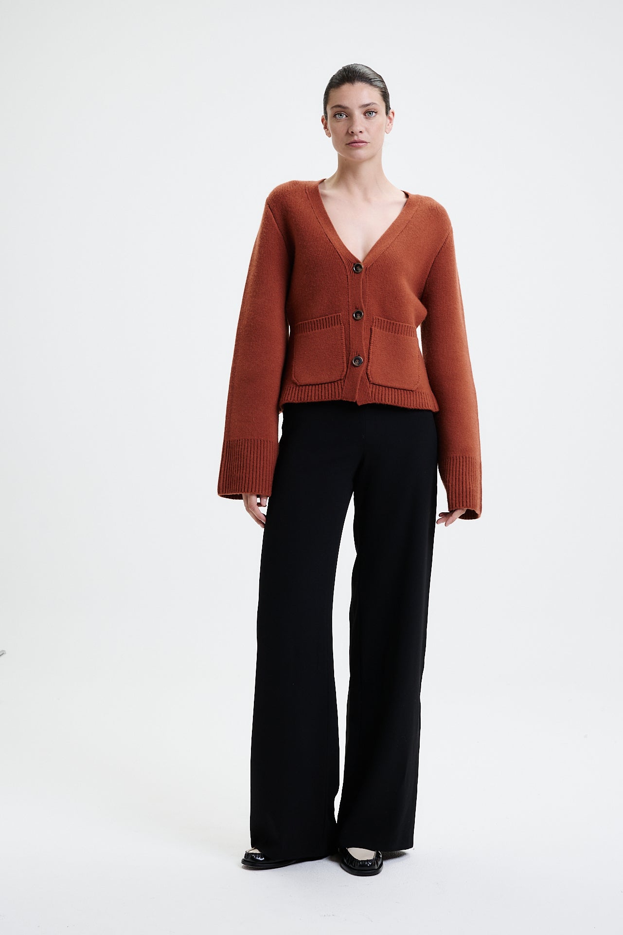 Chunky V-Neck Cardigan Burnt Orange