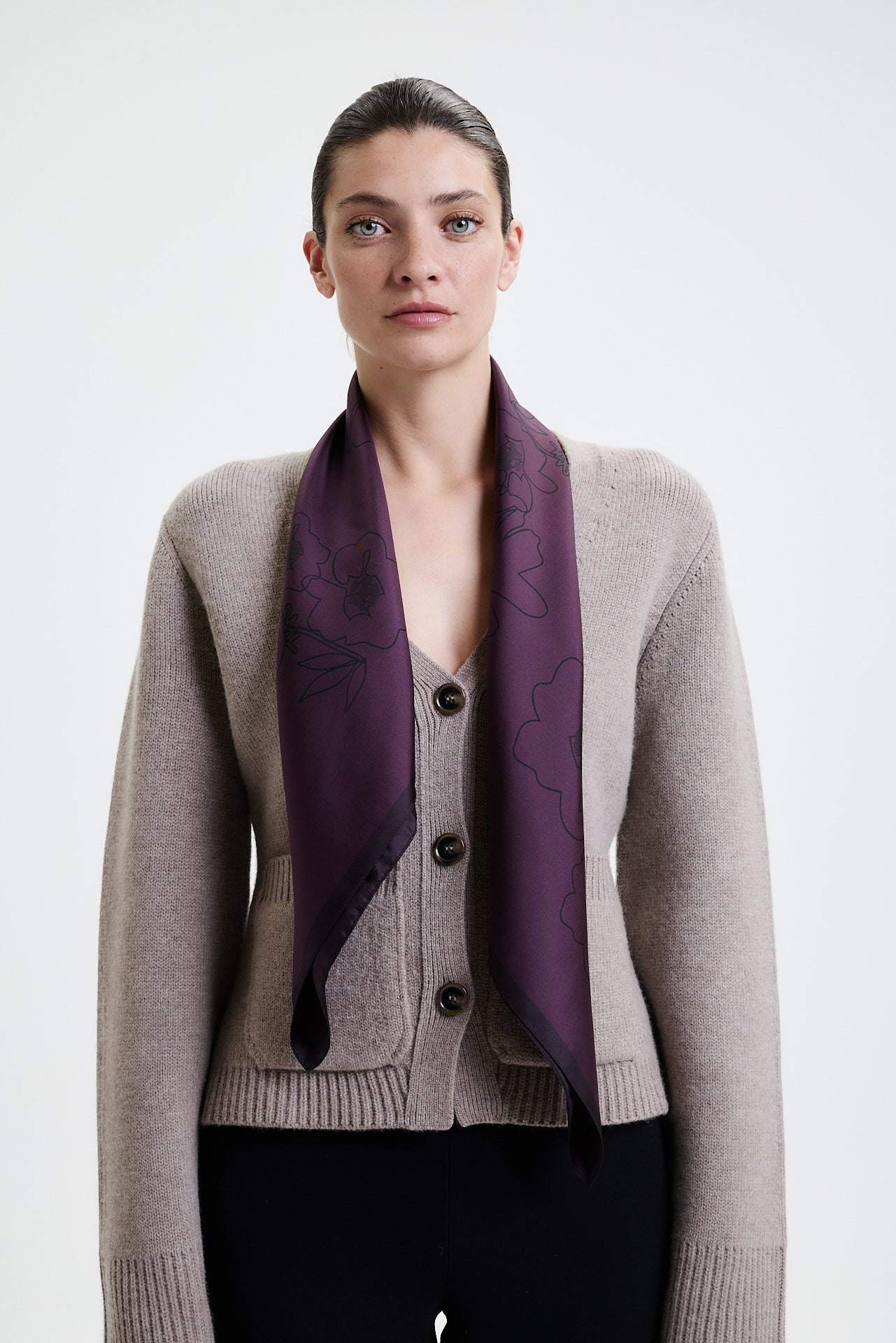 Silk Scarf Flowers 90 Aubergine