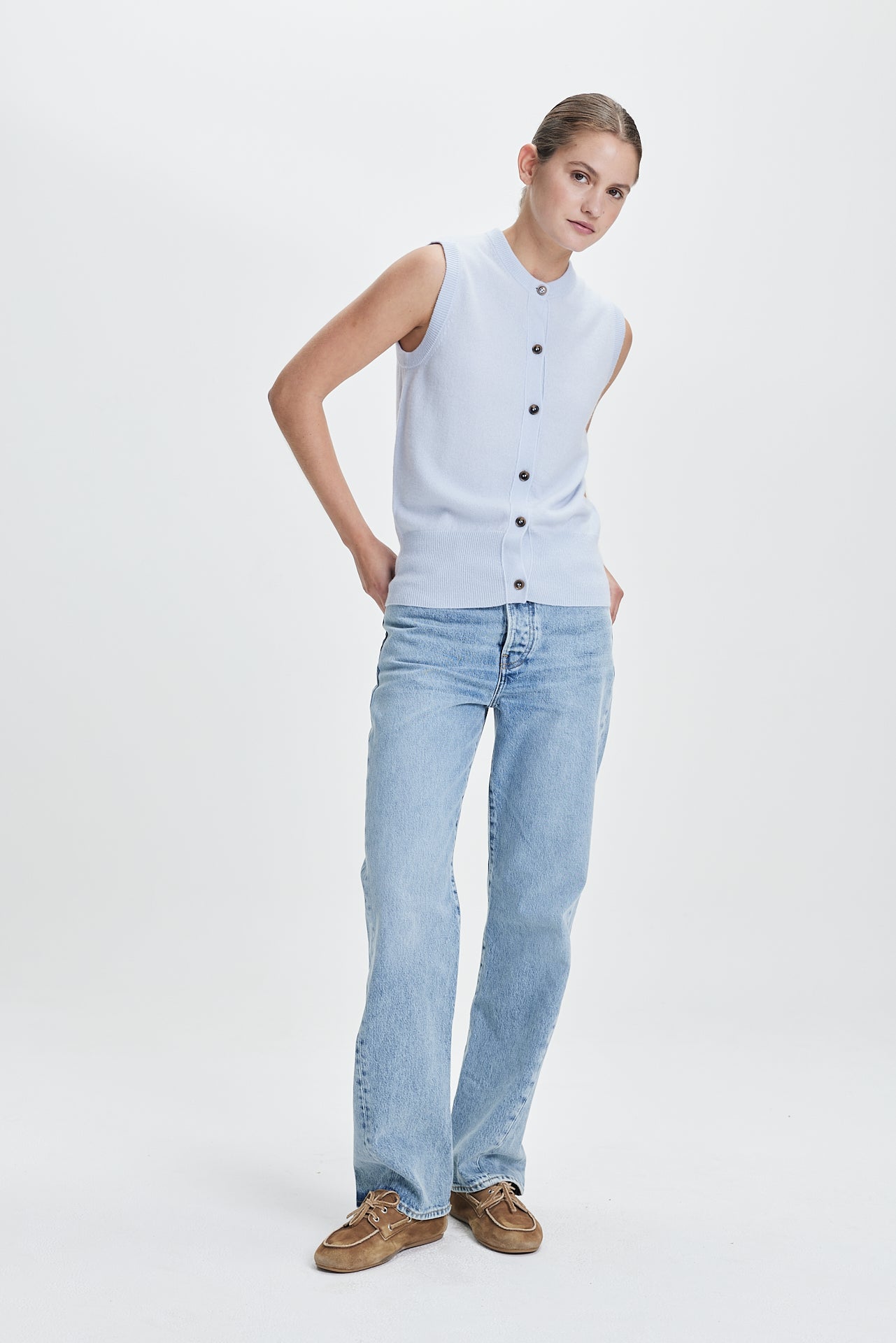 Fine Cashmere Cardigan Vest Powder Blue