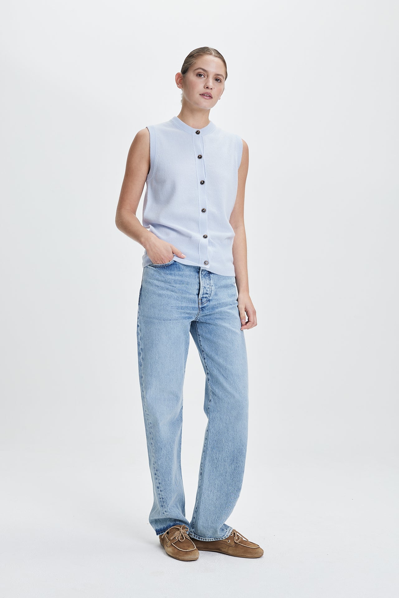 Fine Cashmere Cardigan Vest Powder Blue