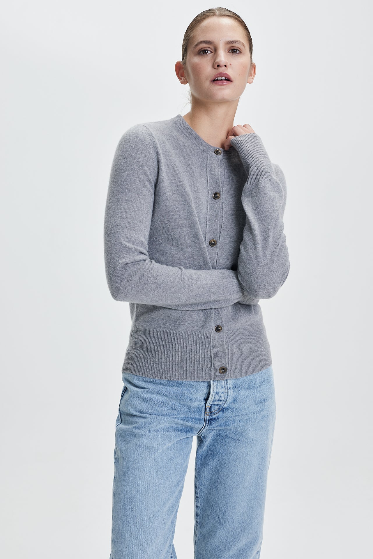 Fine Cashmere Crewneck Cardigan Grey