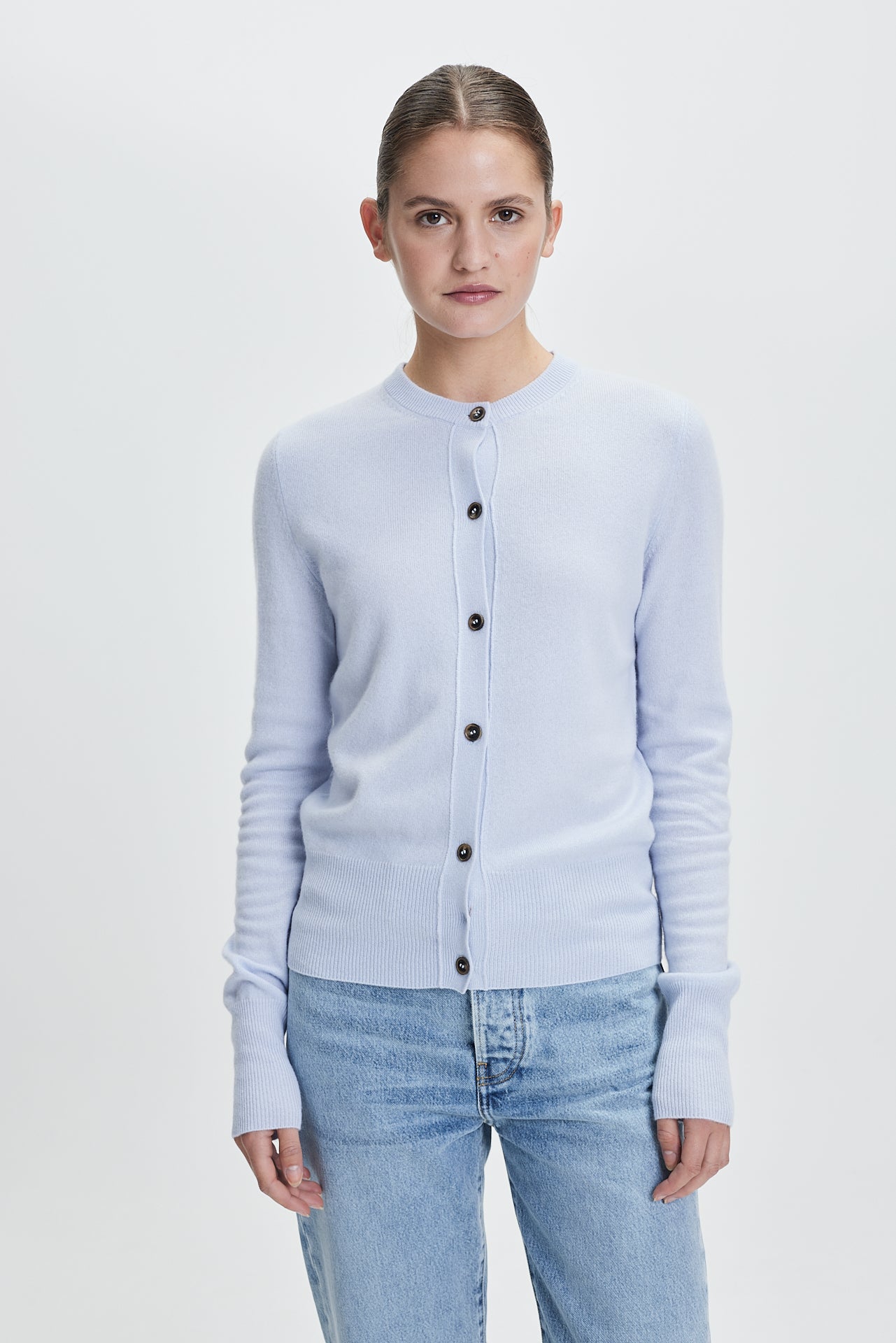 Fine Cashmere Crewneck Cardigan Powder Blue