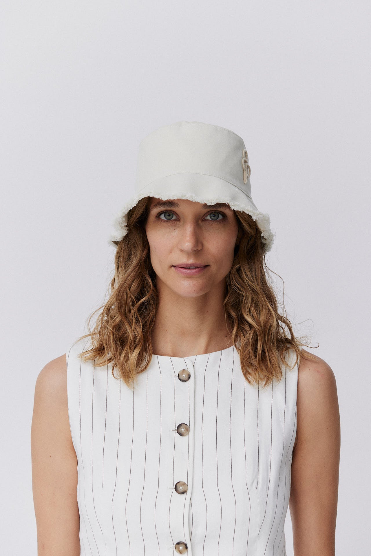Cotton Bucket Hat Fringed Brim Beige