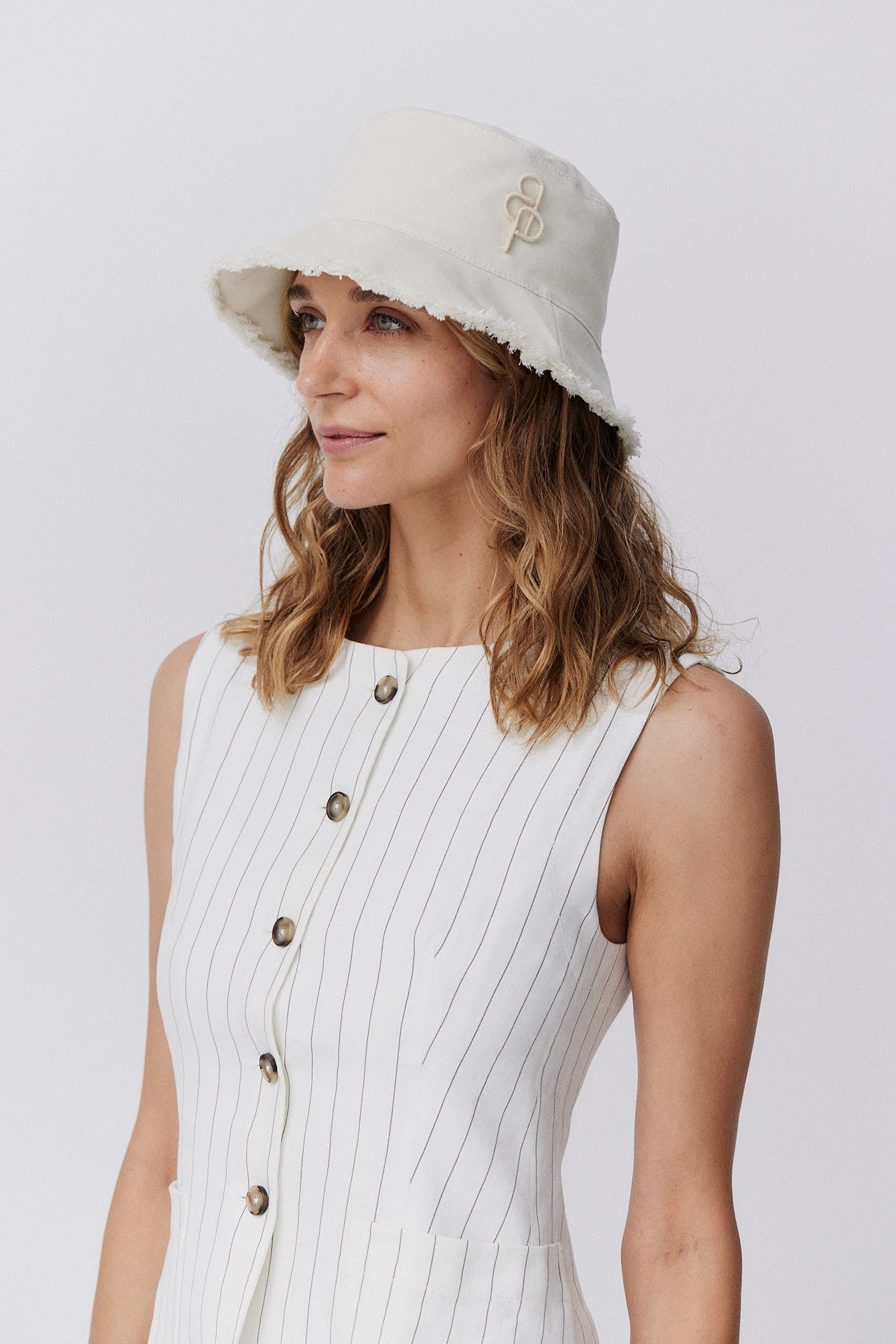 Cotton Bucket Hat Fringed Brim Beige