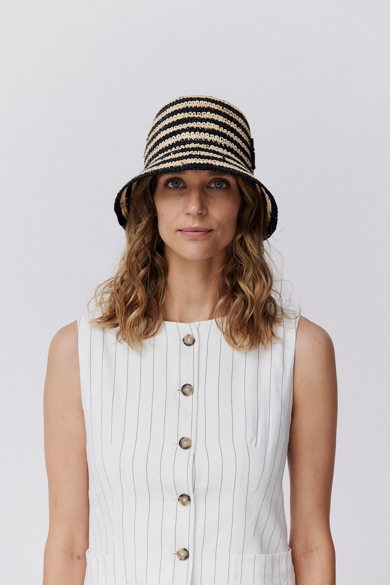 Straw Cloche Hand Crocheted Black Striped