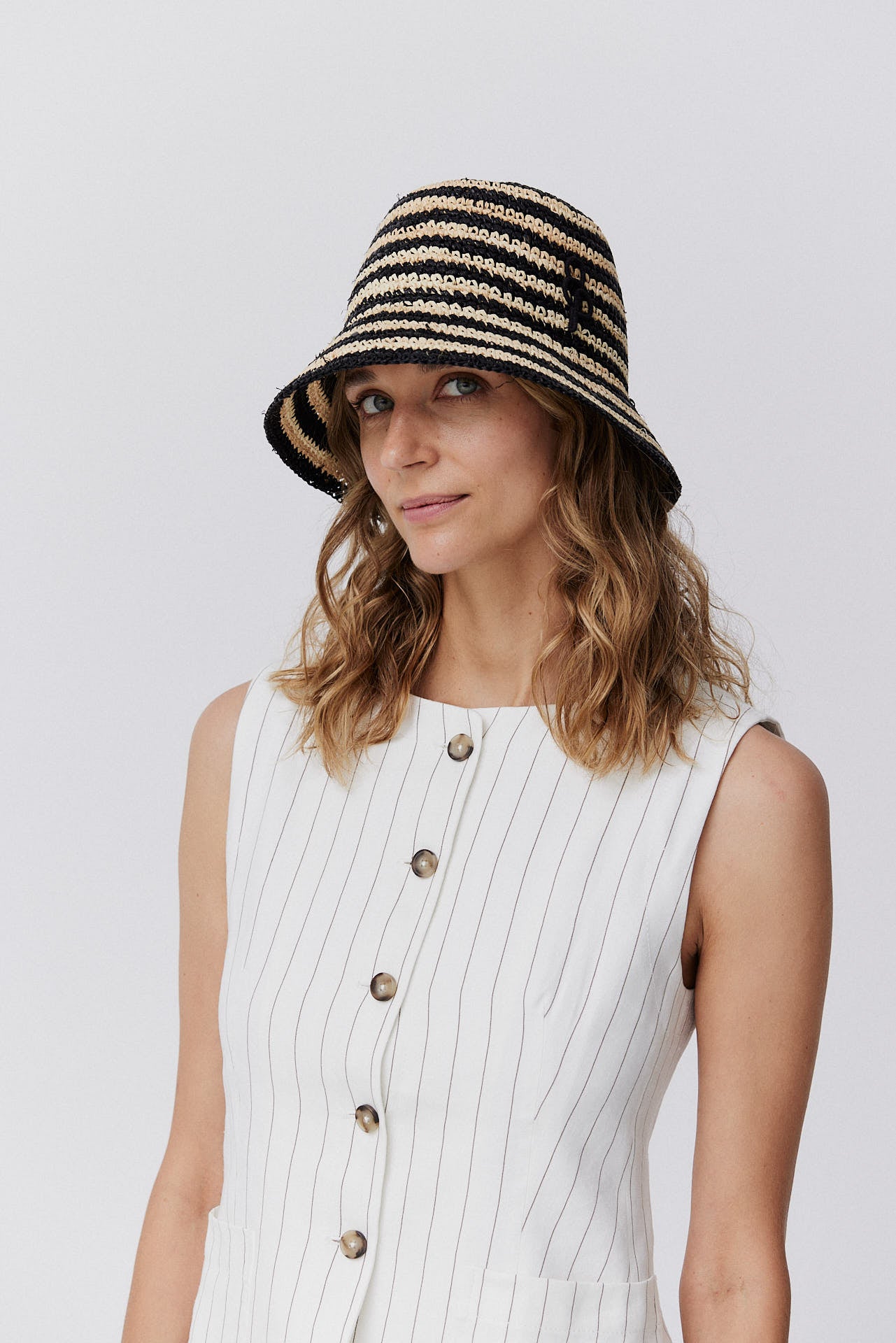 Straw Cloche Hand Crocheted Black Striped