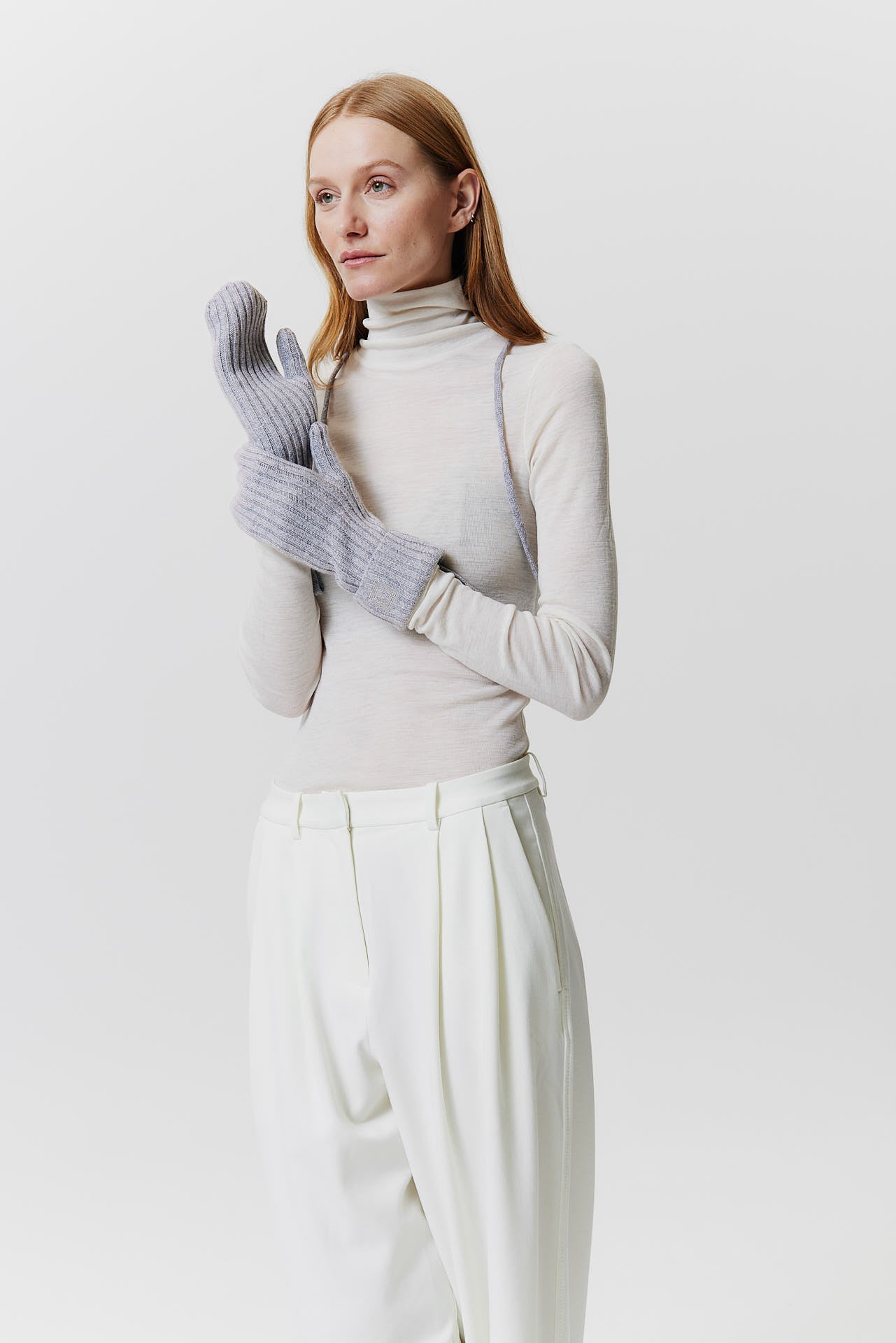 Cashmere Mittens Rib Knit Light Grey