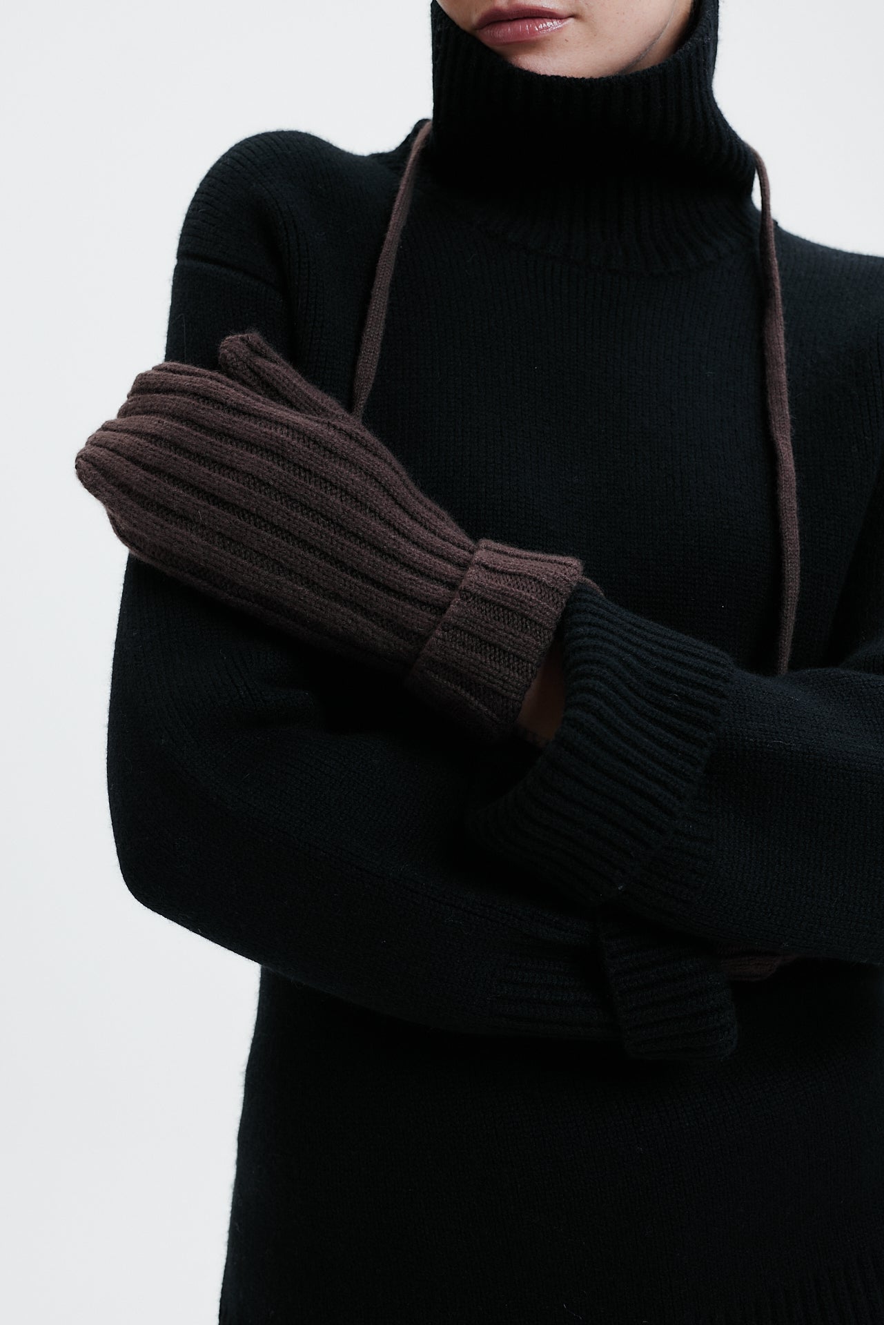 Cashmere Mittens Rib Knit Chocolate 