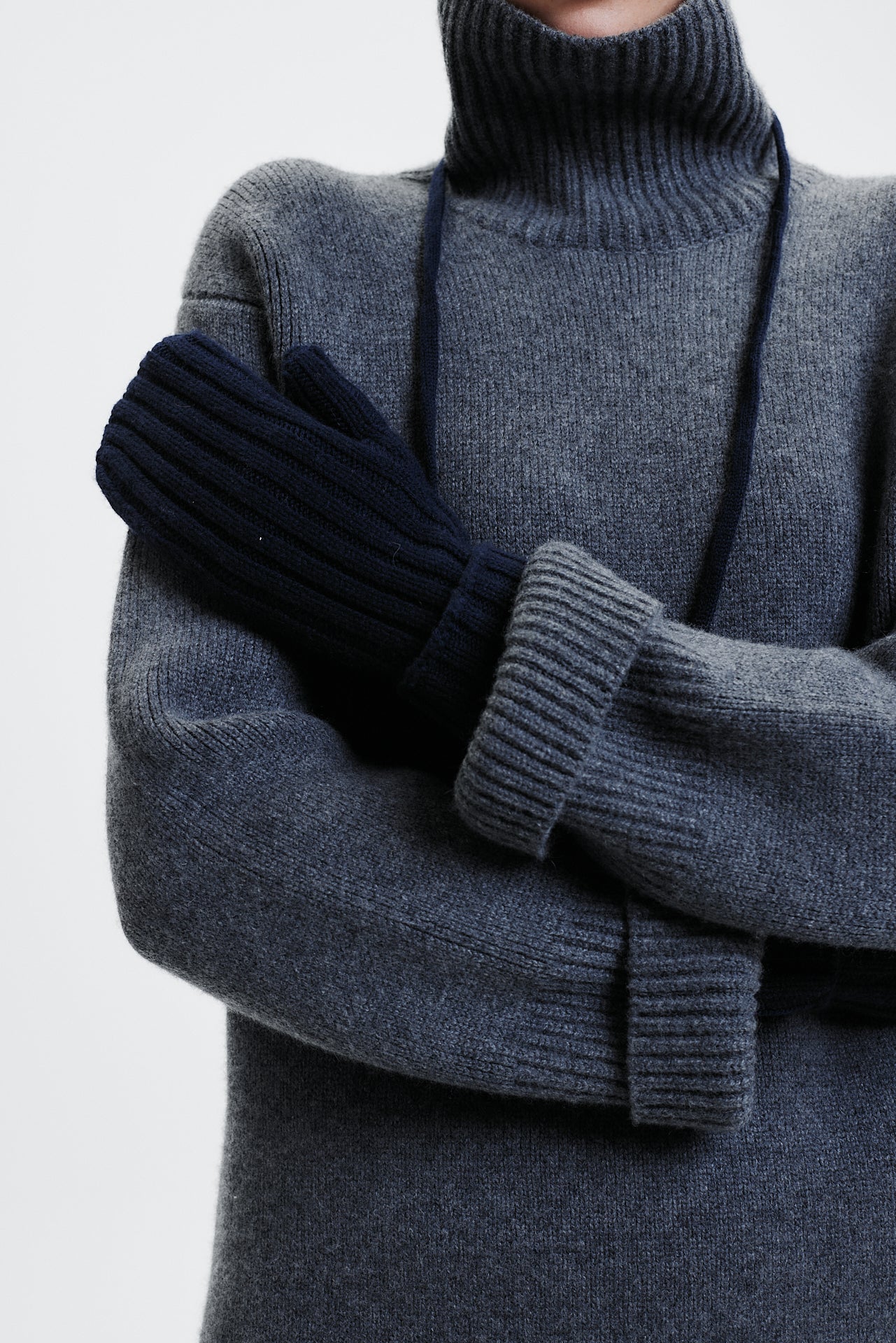 Cashmere Mittens Rib Knit Dark Blue
