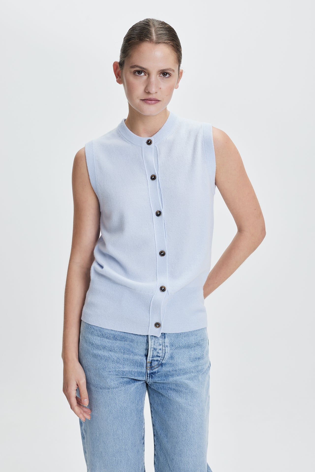 Fine Cashmere Cardigan Vest Powder Blue