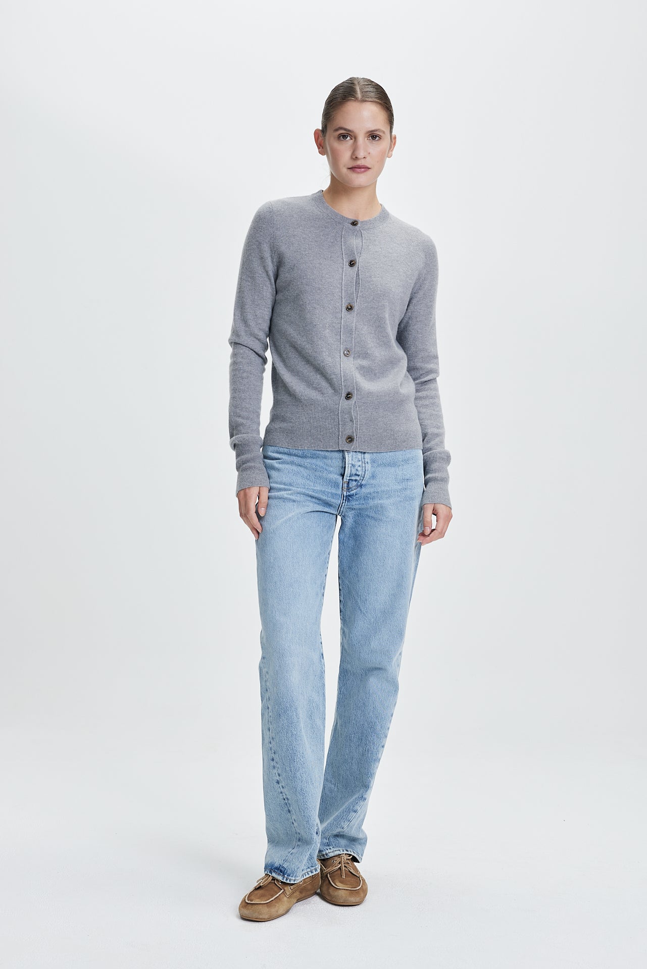 Fine Cashmere Crewneck Cardigan Grey