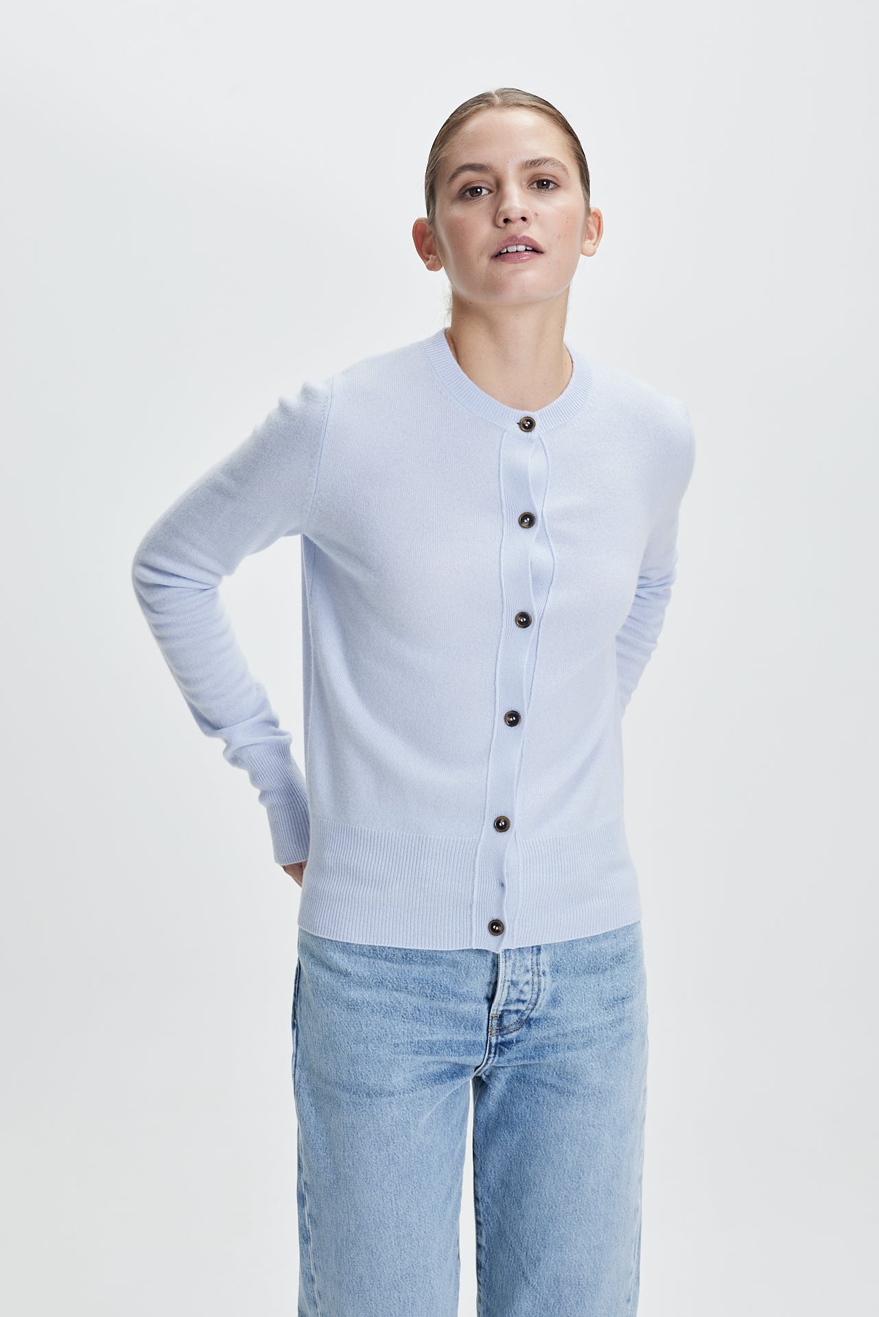 Fine Cashmere Crewneck Cardigan Powder Blue