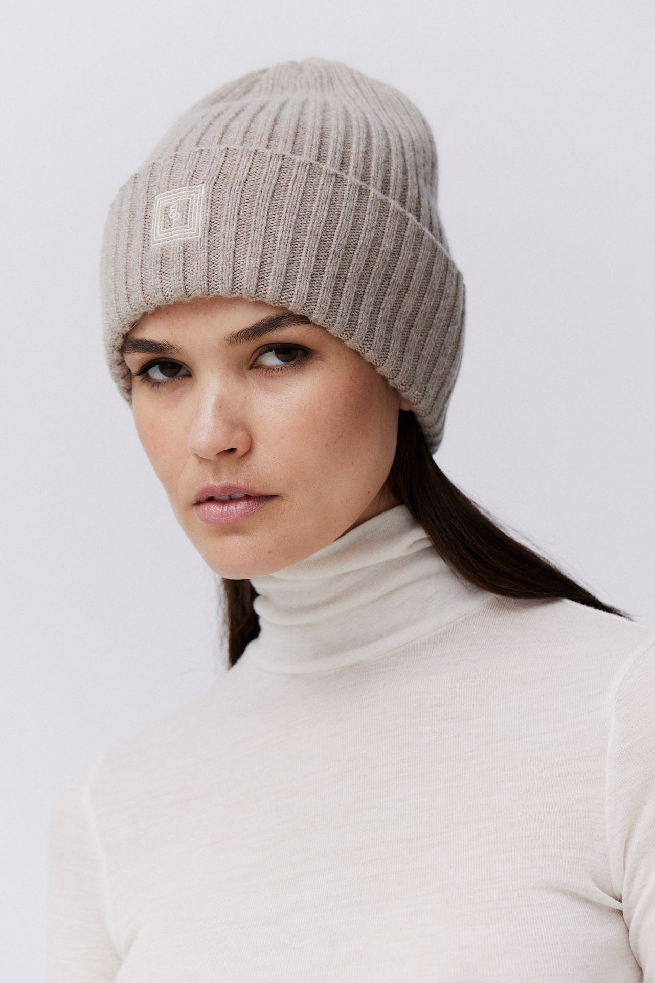 Cashmere Beanie Rib Knit Beige
